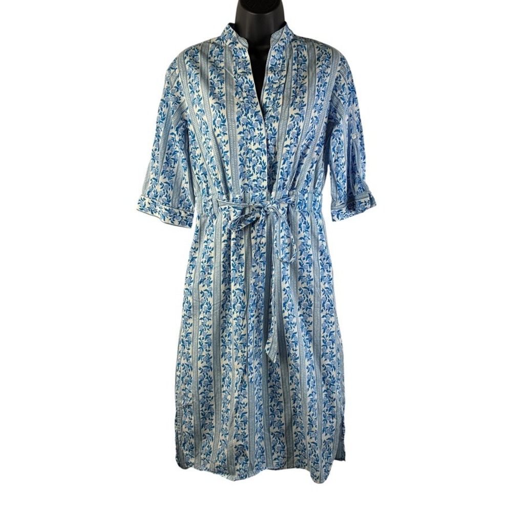 Beau & Ro The Every Dress Women's XS Blue White Floral Stripe Cotton Midi Dress